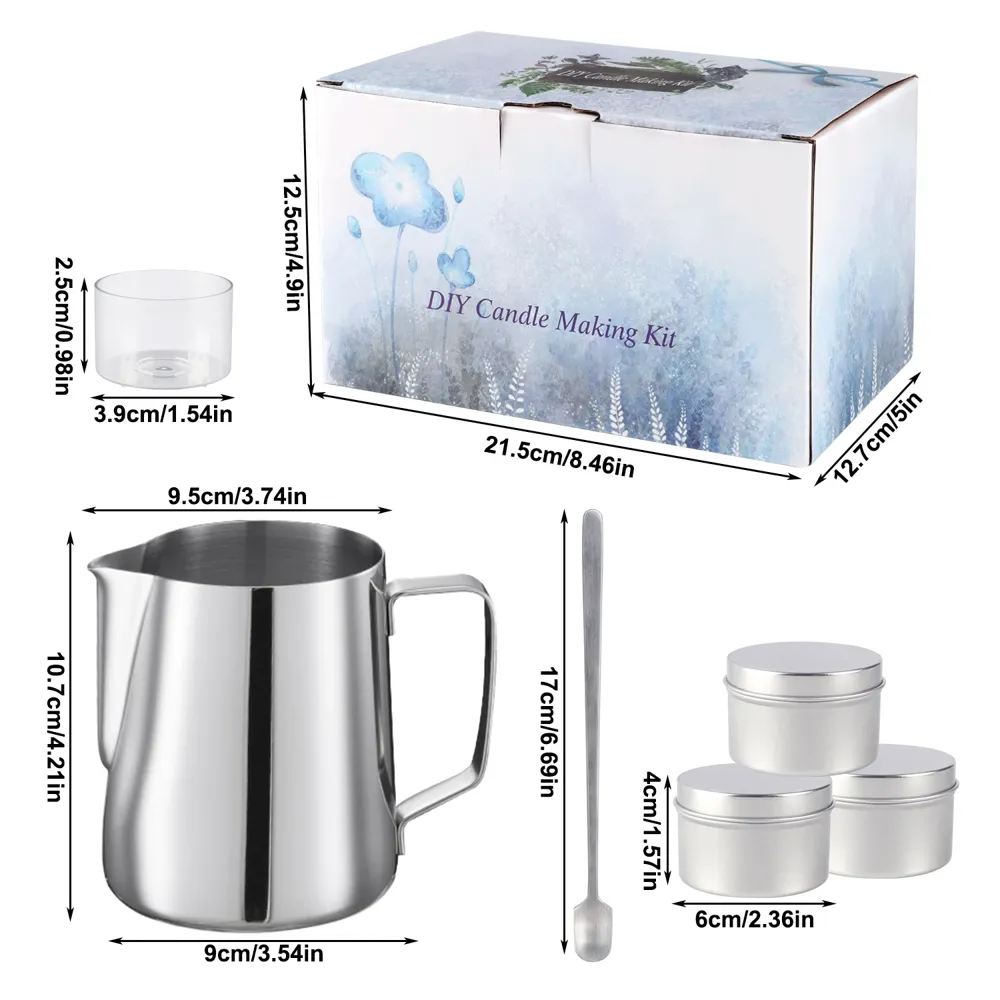 Supplier size diagram showing the kit box, melting pitcher, jars and tins with printed measurements