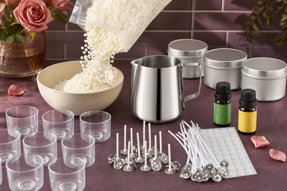 Soy wax flakes beside the stainless steel melting pitcher from the Waxwright kit