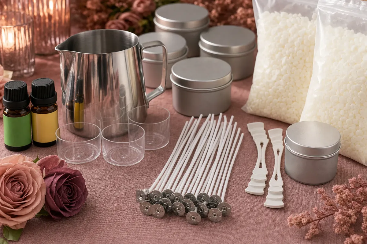 Pre-waxed candle wicks with metal sustainers laid out on a work surface