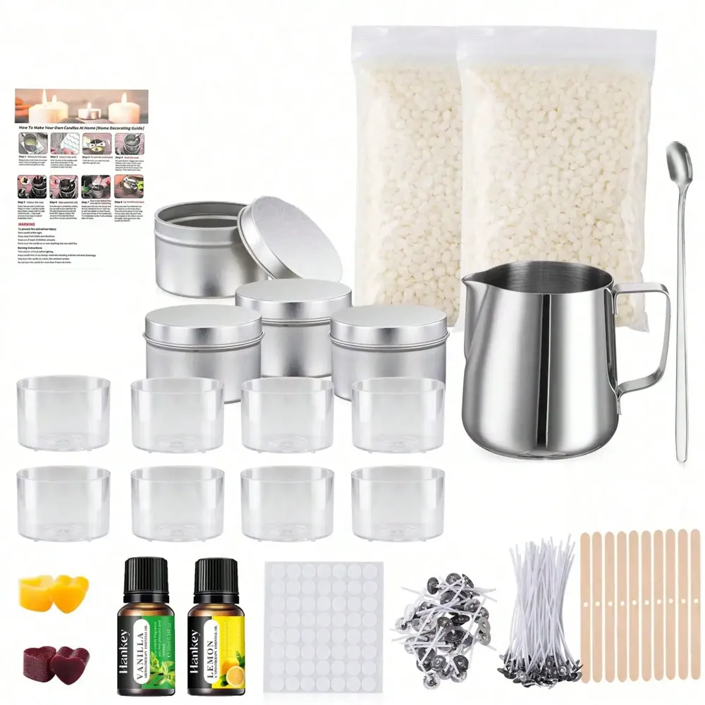Candle making supplies arranged flat: pitcher, wax bags, tins, jars, wicks and oils