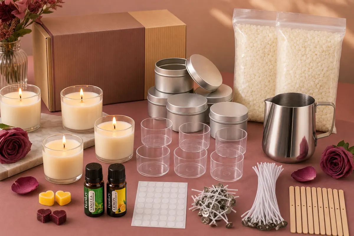 Finished soy candles in tins and jars beside the Waxwright kit box, two of them lit